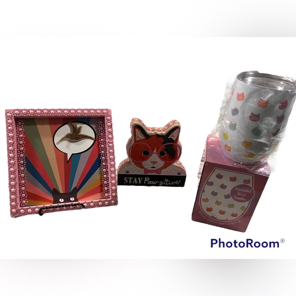 NWOT Pink Cat Themed Decor and Tumbler